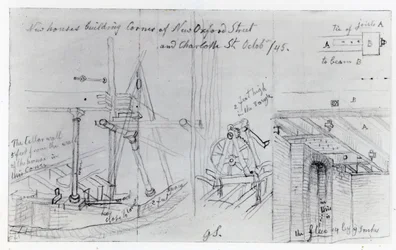 Construindo novas casas na esquina da New Oxford Street e Charlotte Street, 1845
